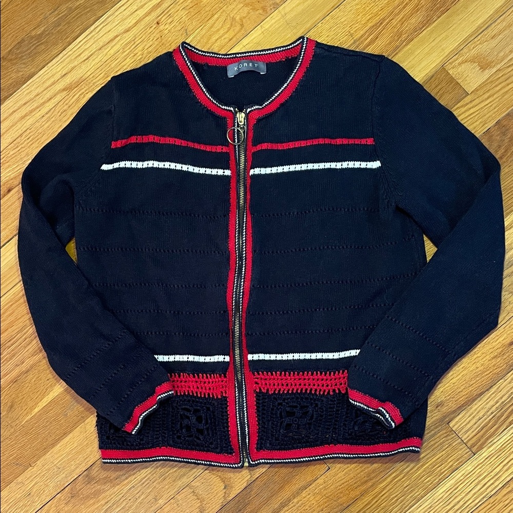 KORET Black & Red Zip-Up Knit Crochet Old Money Classic Cardigan